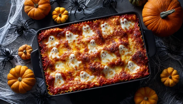 Ghostly Lasagna topped with ghost-shaped mozzarella in a baking dish