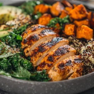 Grilled Chicken & Sweet Potato bowl served with vegetables