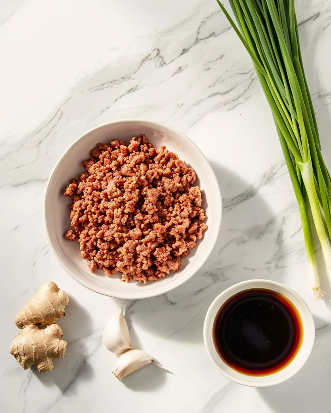 Ground Beef Bowl ingredients on marble counter