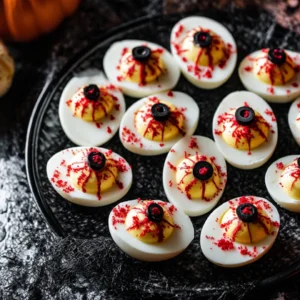 Bloody Eyeball Deviled Eggs styled as spooky eyeballs