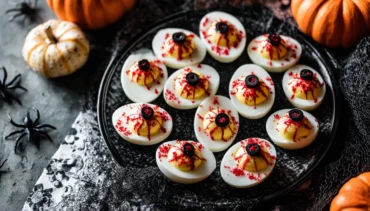 Bloody Eyeball Deviled Eggs styled as spooky eyeballs