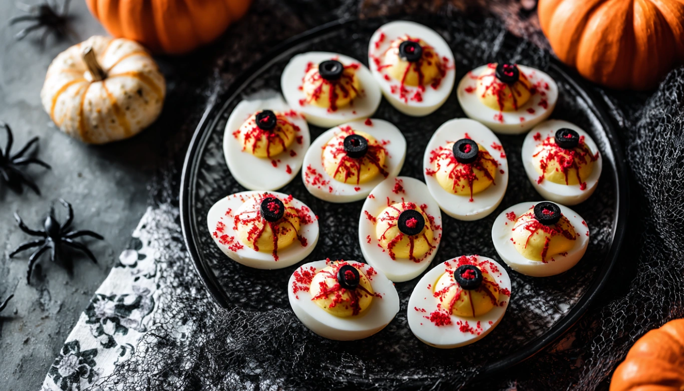 Bloody Eyeball Deviled Eggs – 5 Steps to Spooky Halloween Fun 5 Bloody Eyeball Deviled Eggs styled as spooky eyeballs