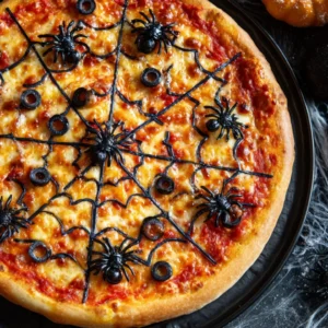 Halloween Spider Web Pizza with olive spiders on a platter
