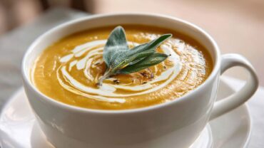 Modern plated harvest pumpkin sage bisque with crispy sage