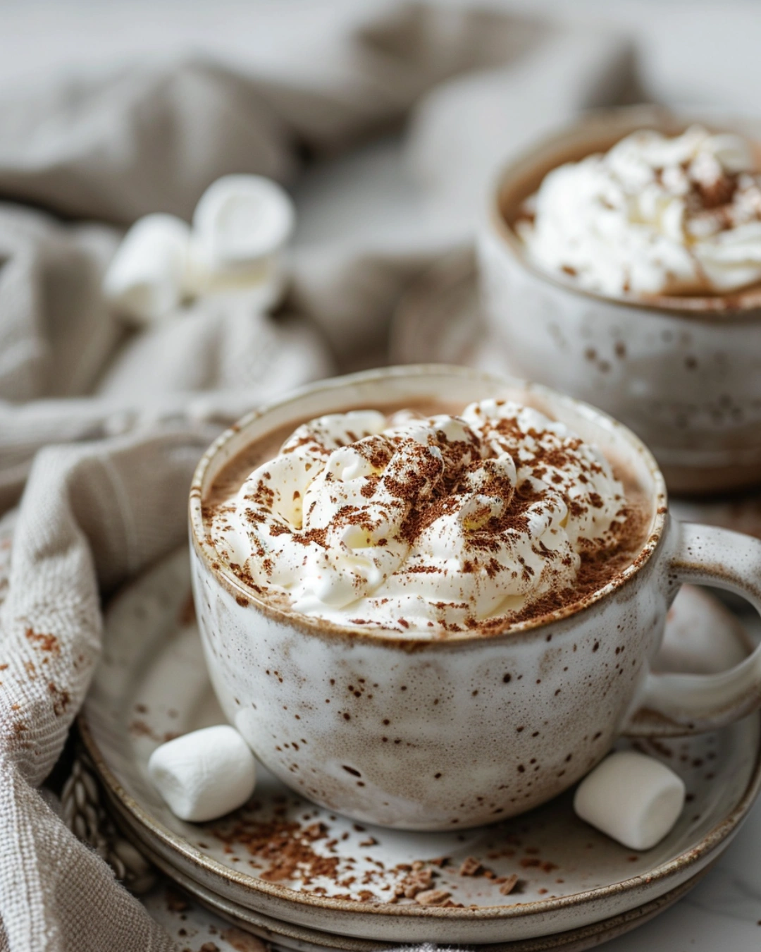 Homemade Hot Chocolate served in ceramic mugs with marshmallows