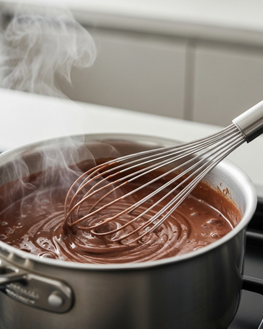 Whisking Homemade Hot Chocolate in saucepan on stove