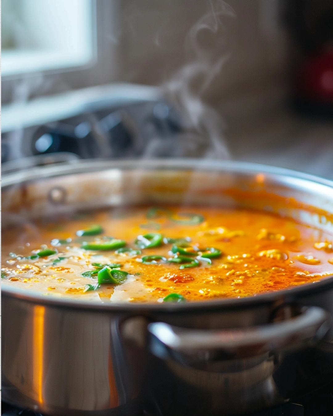 jalapeño popper chicken soup simmering with cheese melting in pot