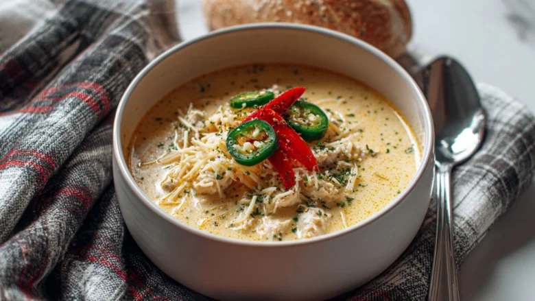creamy jalapeño popper chicken soup with bacon and cheese