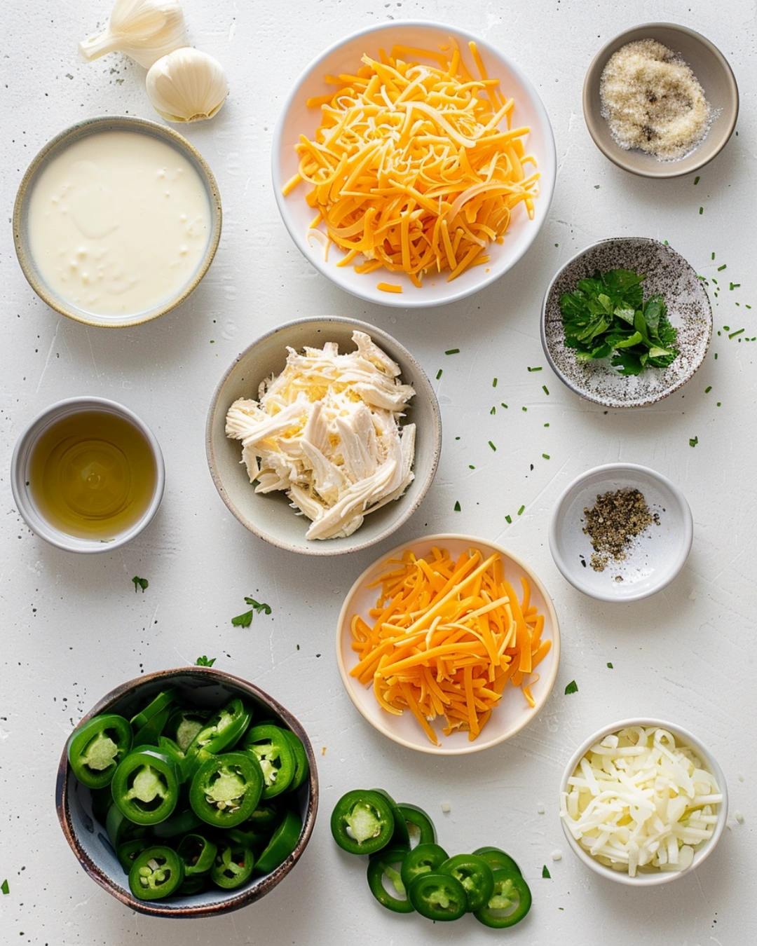 ingredients for jalapeño popper chicken soup arranged on a marble counter