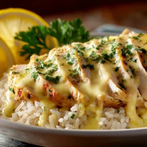 Lemon Herb Chicken and Rice served with lemon wedges and parsley