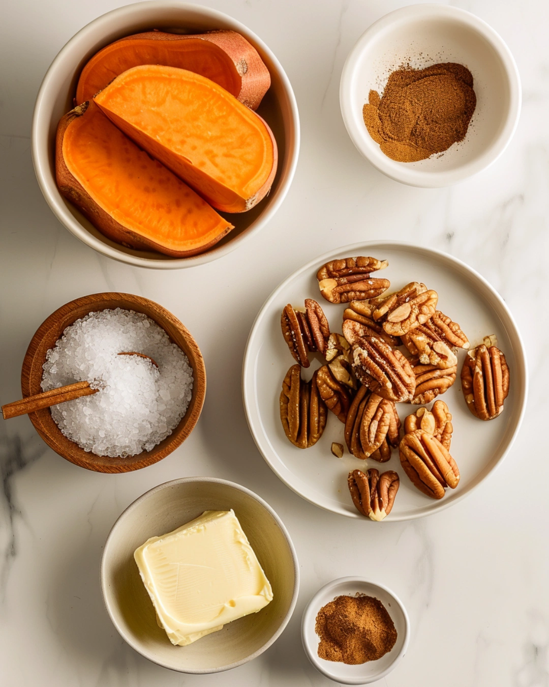 Ingredients for Maple Pecan Sweet Potatoes on marble countertop