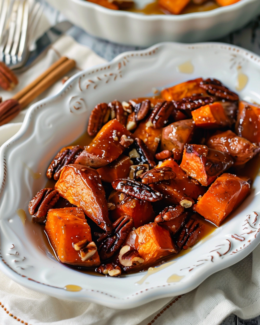 A close-up of caramelized maple pecan sweet potatoes served on a white ceramic plate, topped with toasted pecans and maple glaze, styled with a linen napkin and warm fall lighting.