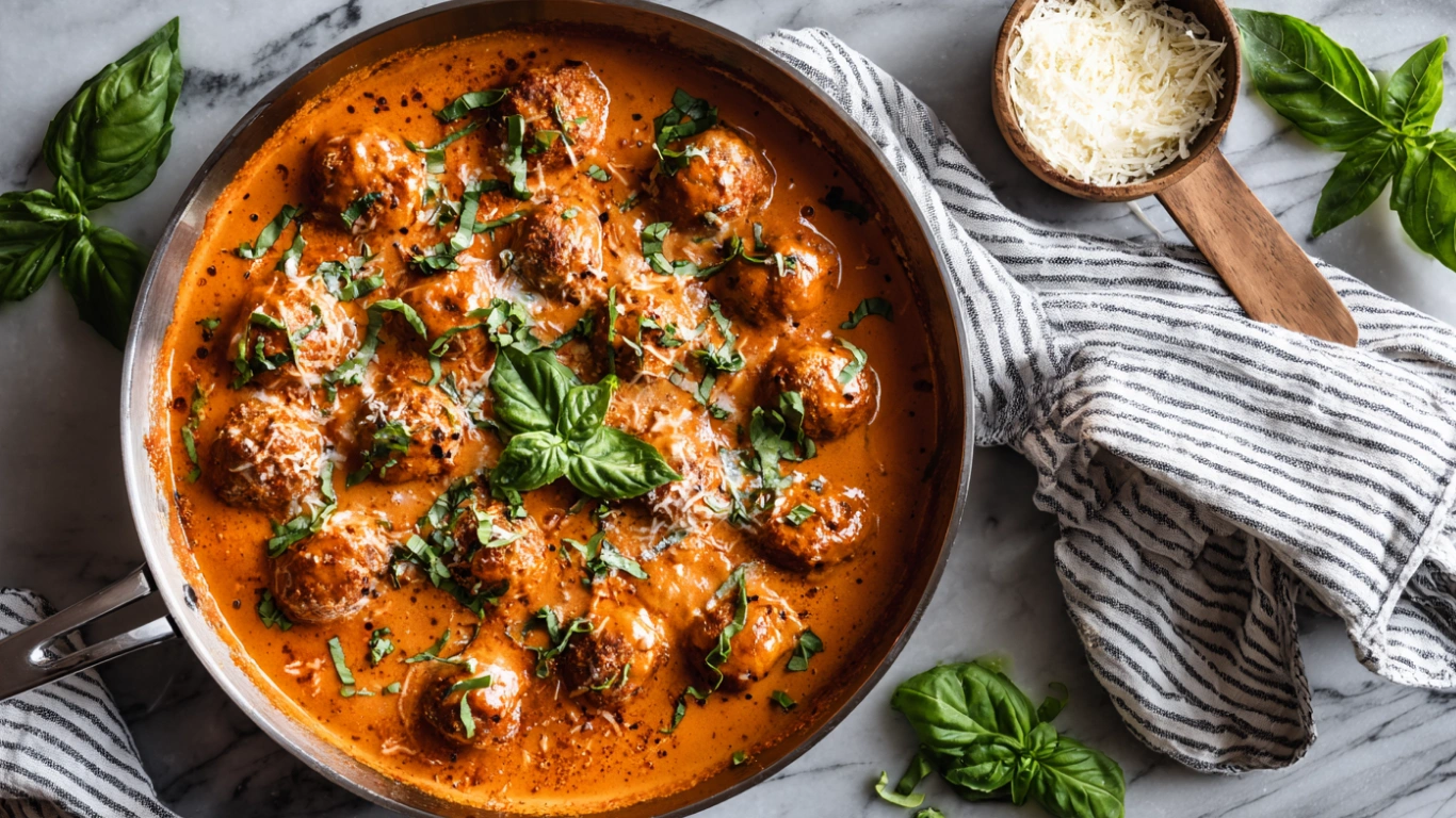 creamy marry me meatballs in skillet with sauce