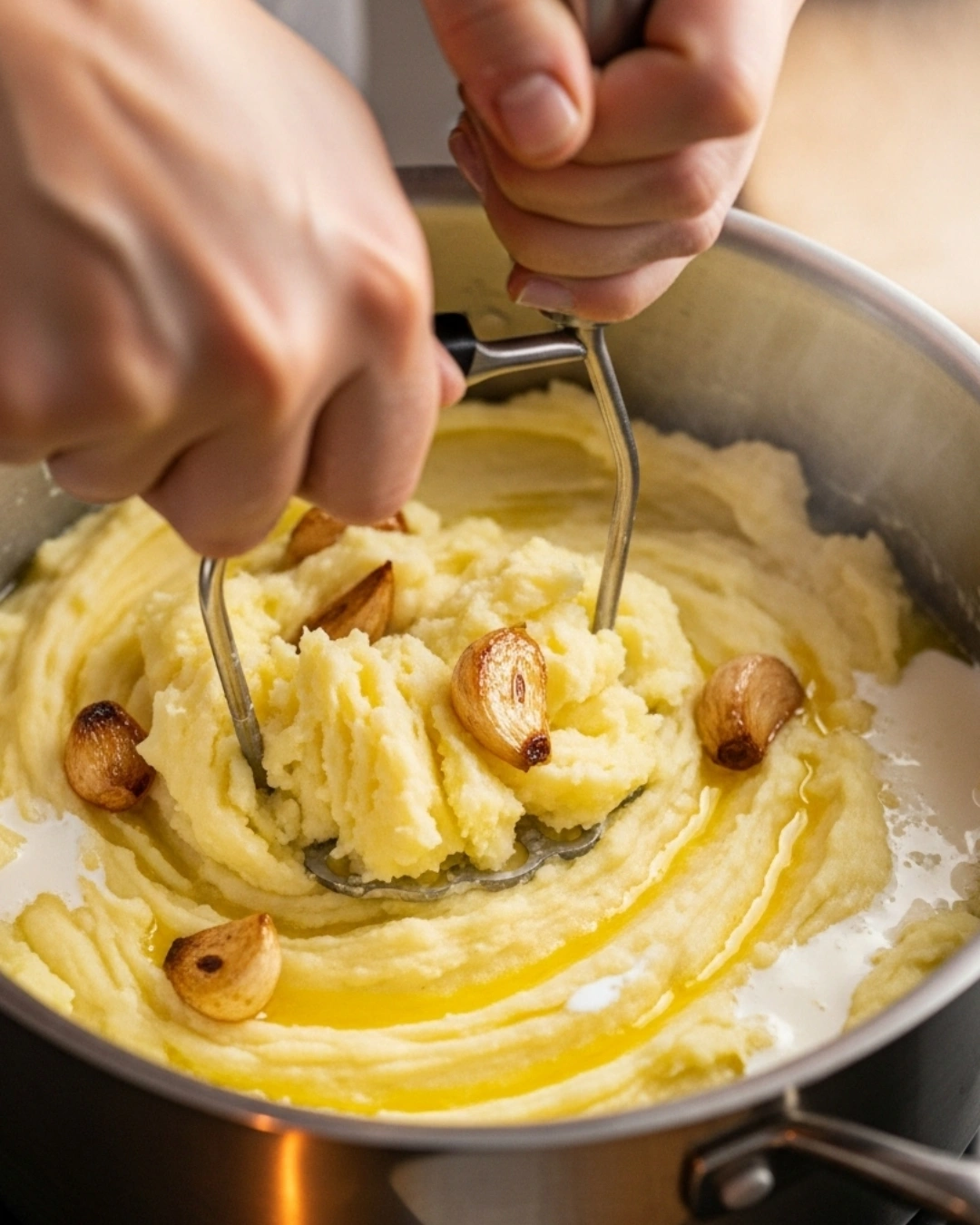 Mashing potatoes with roasted garlic, butter, and cream
