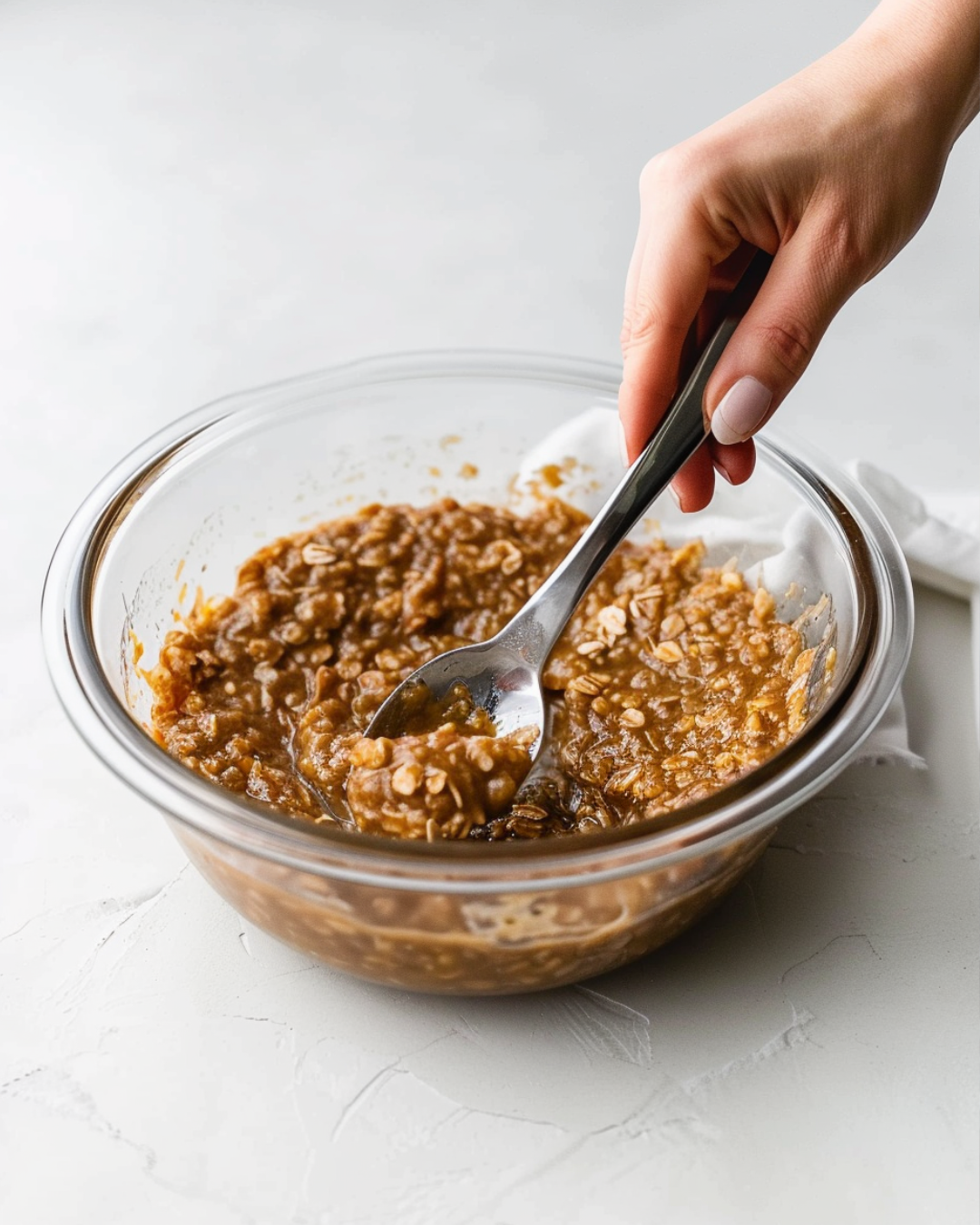 stirring high protein pumpkin oat mixture in a glass bowl with spoon