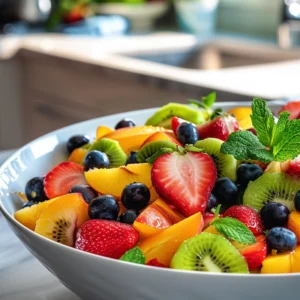 Modern mixed fruit salad with peaches