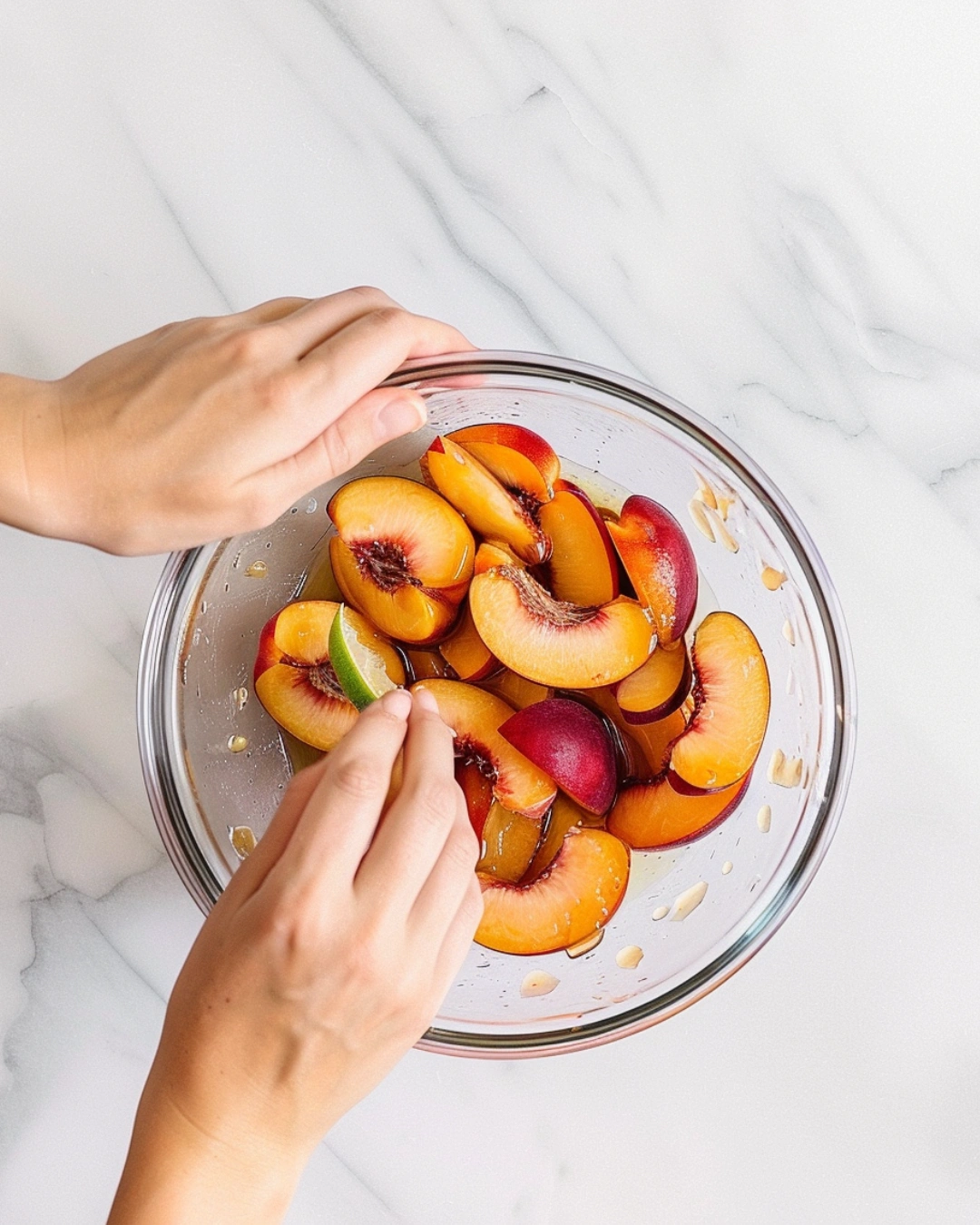 Tossing peaches in lime and honey