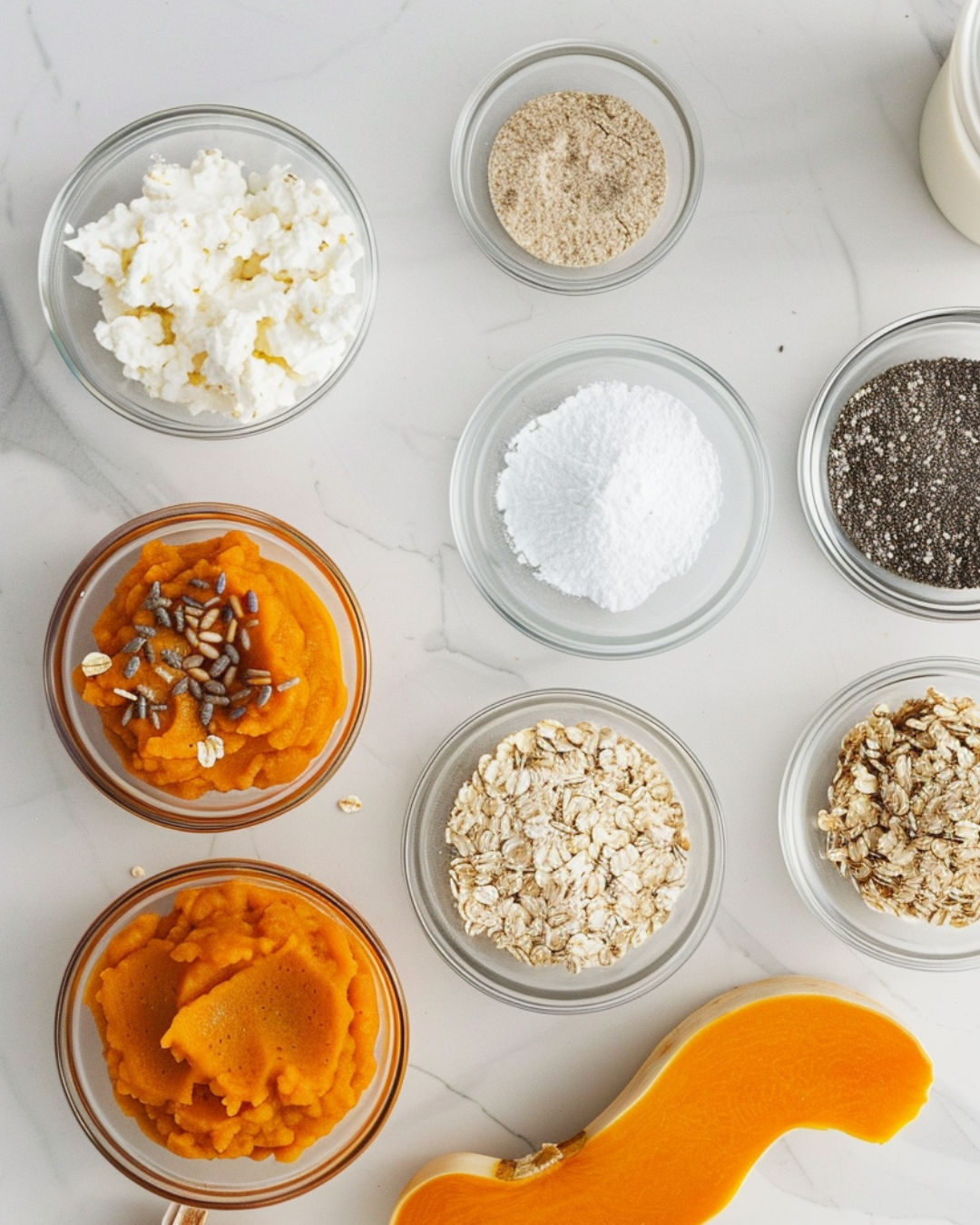 ingredients for high protein pumpkin overnight oats arranged in glass bowls