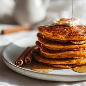 Modern stack of pumpkin spice pancakes with syrup