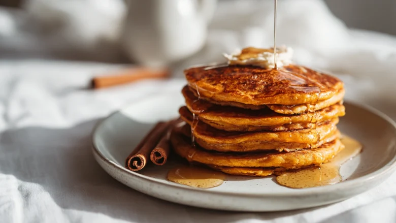 Modern stack of pumpkin spice pancakes with syrup