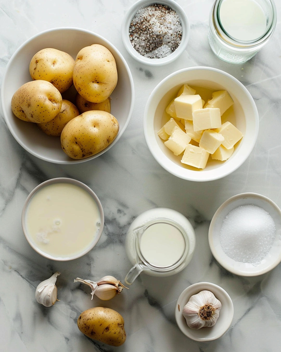 Ingredients for Roasted Garlic Mashed Potatoes arranged on marble countertop