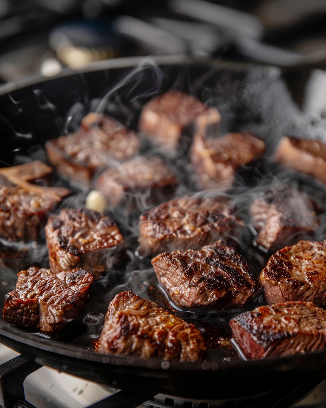 Steak bites searing in hot cast-iron skillet with butter