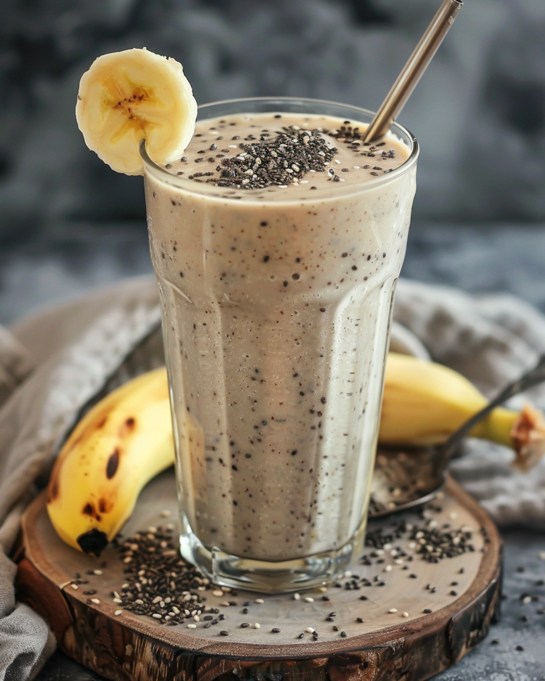 served protein smoothie with chia and banana