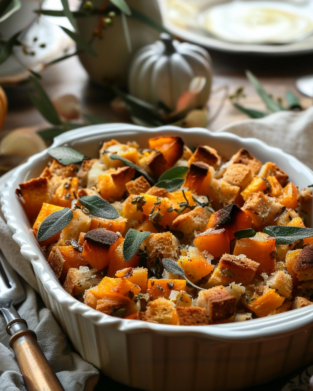Serving Butternut Squash & Sage Stuffing with fresh sage garnish