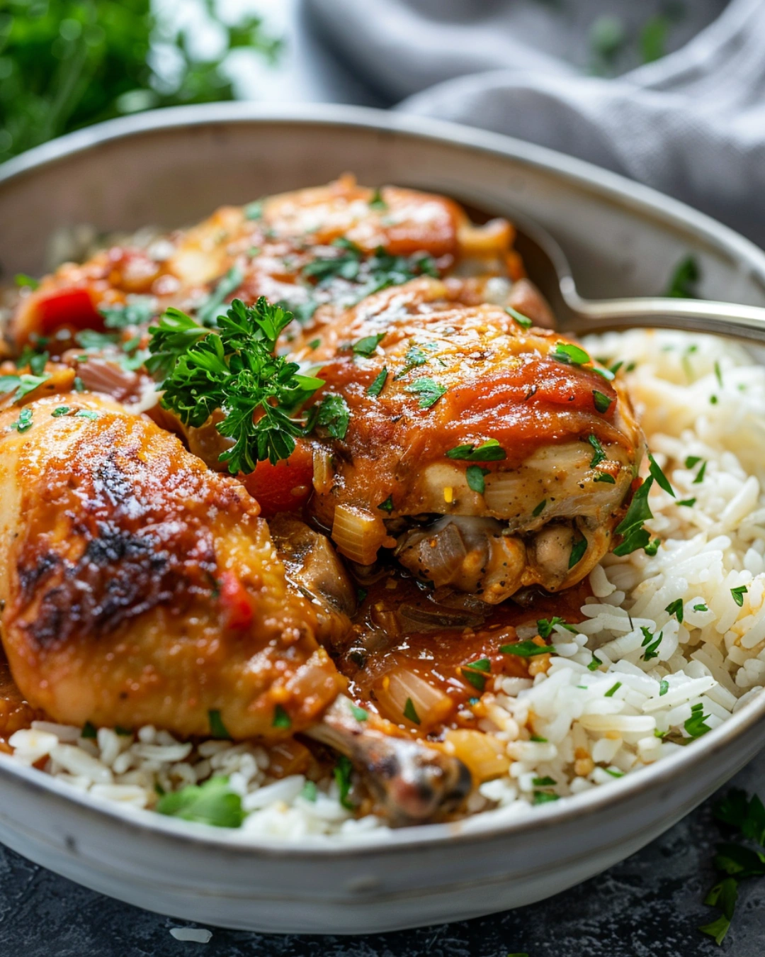 Serving Smothered Chicken and Rice