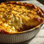 Shepherd’s pie with golden top on modern marble surface