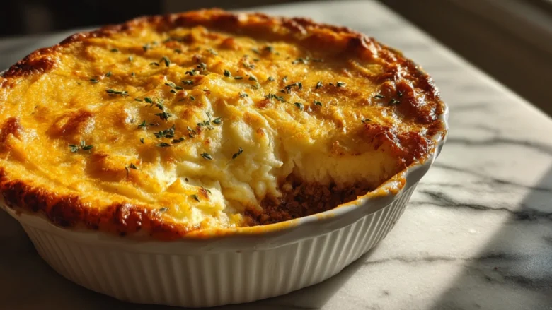 Shepherd’s pie with golden top on modern marble surface