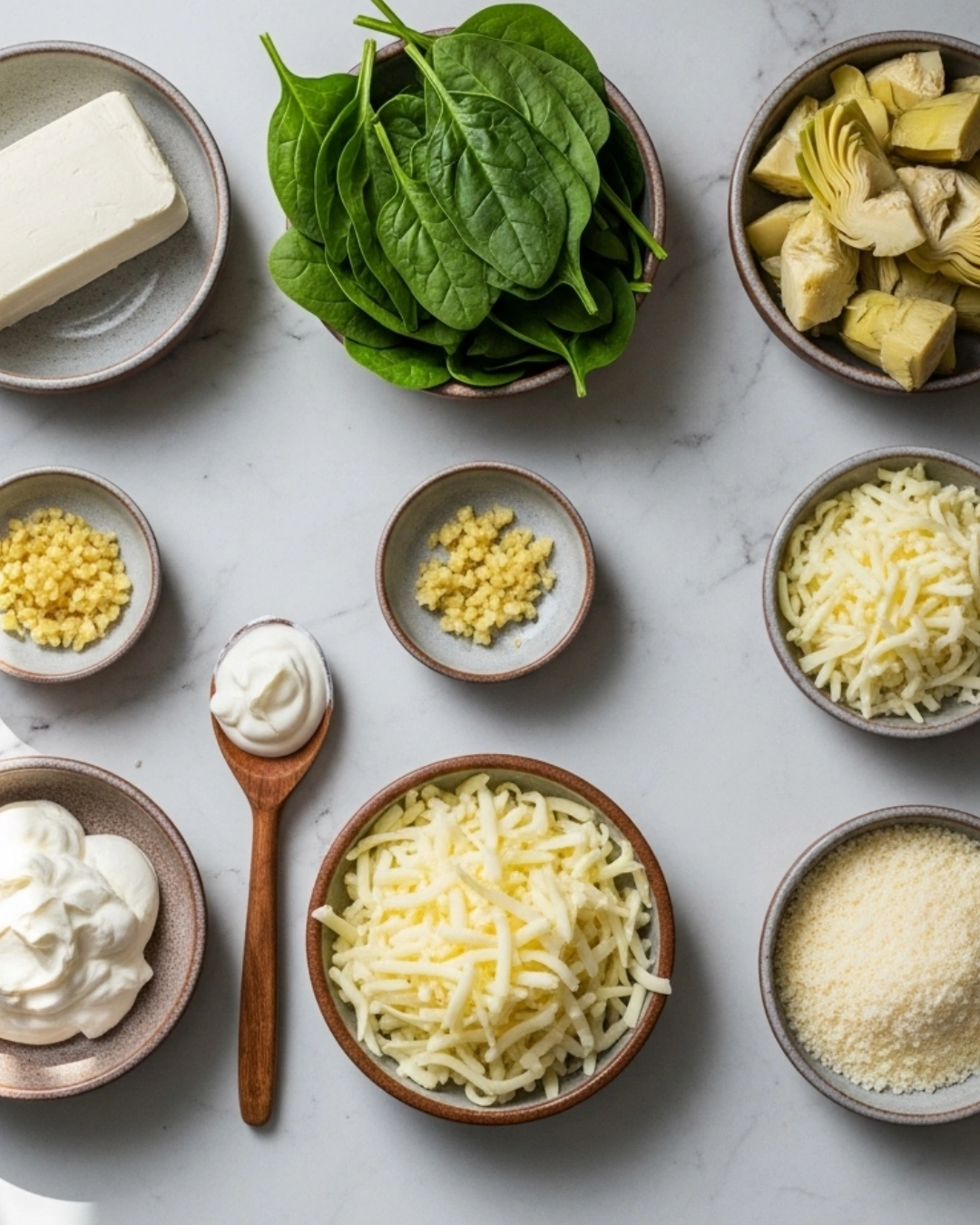 Ingredients for Spinach Artichoke Dip on marble counter