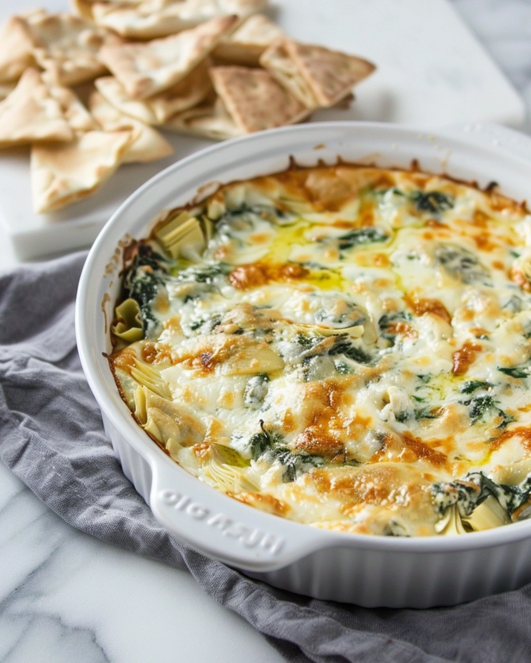 Spinach Artichoke Dip served with bread and pita chips