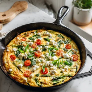 Spring Vegetable Frittata in skillet on home kitchen counter