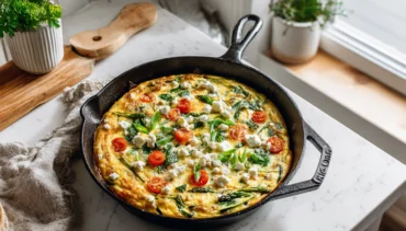 Spring Vegetable Frittata in skillet on home kitchen counter