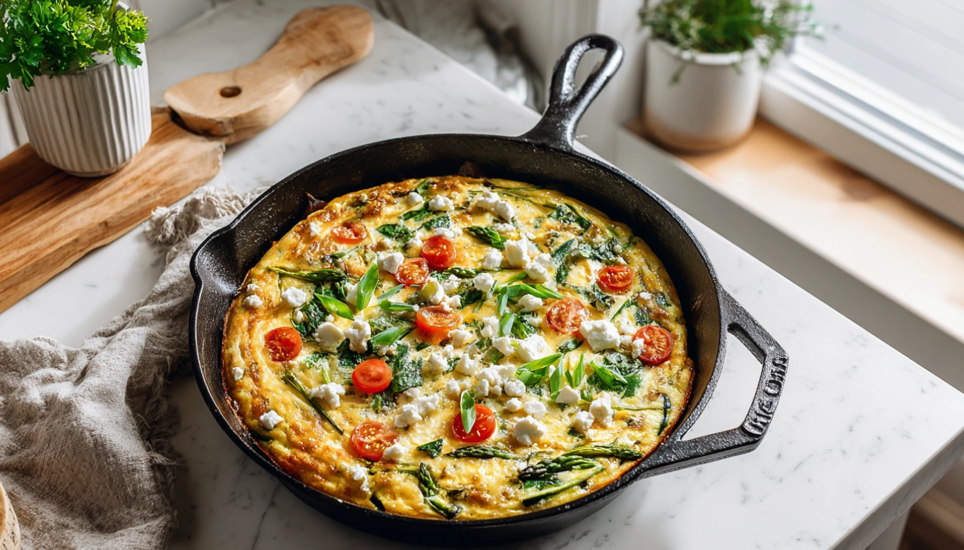 Spring Vegetable Frittata – Fresh, Easy & Healthy Recipe (2025) 6 Spring Vegetable Frittata in skillet on home kitchen counter