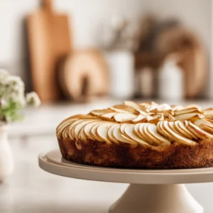 A freshly baked Swedish Apple Cake (Äppelkaka) on a wooden cake stand with apple slices and cinnamon sticks, set in a modern Scandinavian kitchen