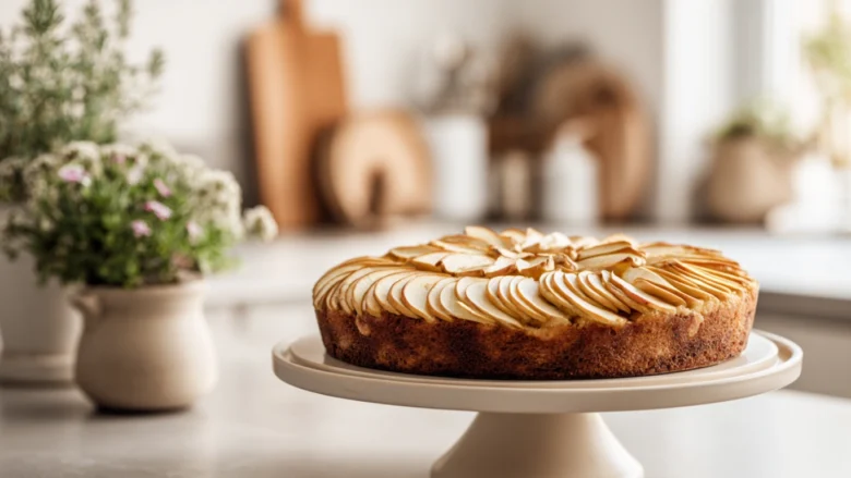 A freshly baked Swedish Apple Cake (Äppelkaka) on a wooden cake stand with apple slices and cinnamon sticks, set in a modern Scandinavian kitchen