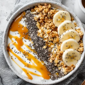 Top view of salted caramel banana yogurt bowl