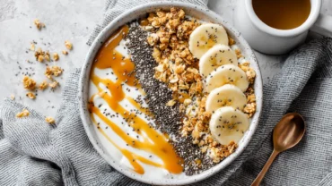 Top view of salted caramel banana yogurt bowl