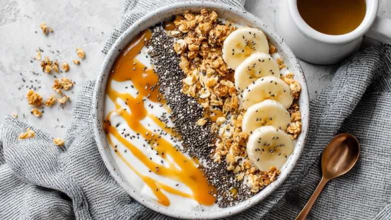 Top view of salted caramel banana yogurt bowl