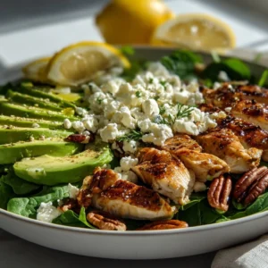 Close-up of avocado spinach salad with grilled chicken on a white ceramic plate, featuring fanned avocado slices, golden grilled chicken, baby spinach, feta crumbles, and chopped pecans, drizzled with vinaigrette under natural daylight on a marble counter.