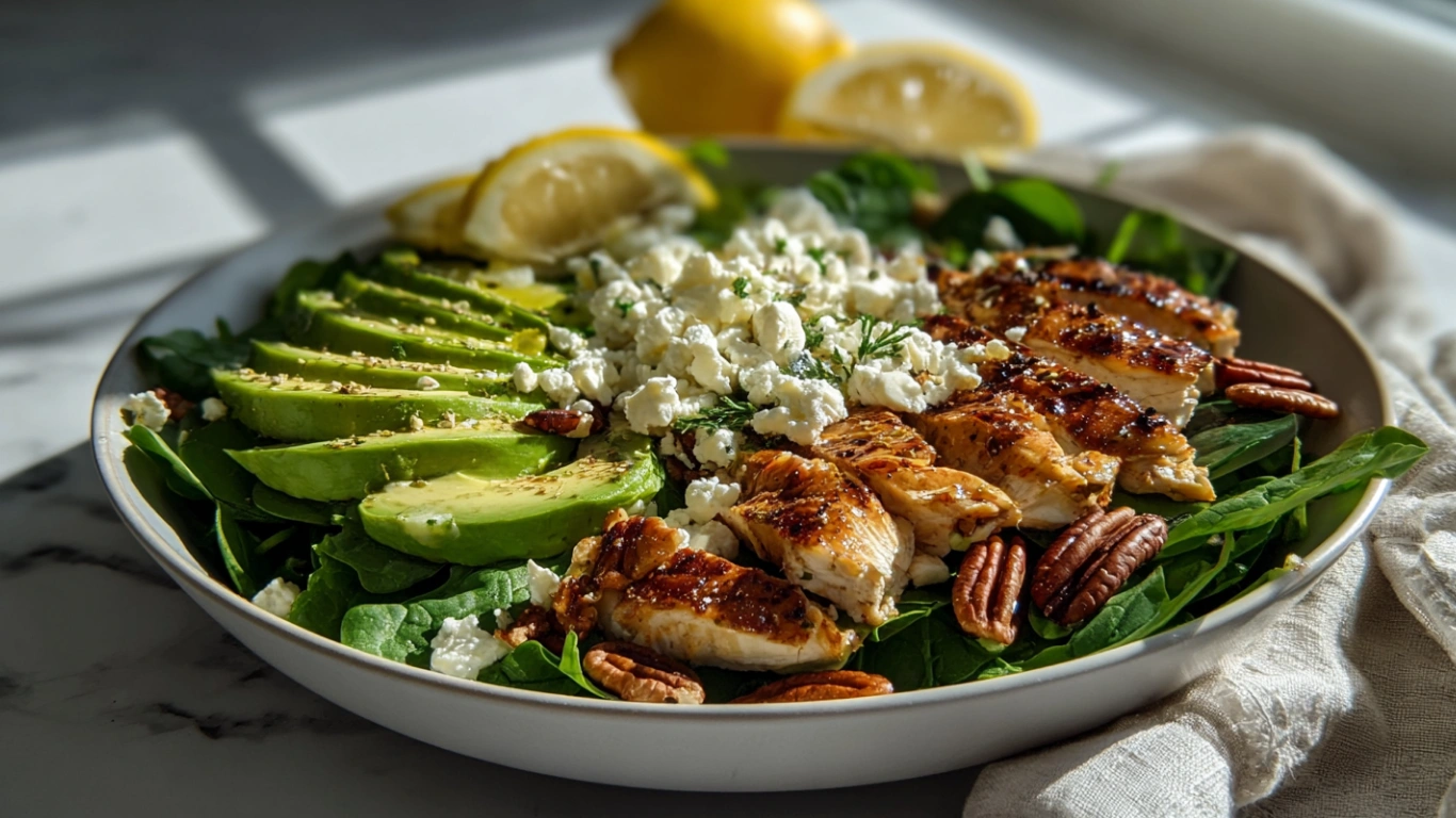 Avocado Spinach Salad with Grilled Chicken: Fresh, Protein-Packed & Delicious 1 Close-up of avocado spinach salad with grilled chicken on a white ceramic plate, featuring fanned avocado slices, golden grilled chicken, baby spinach, feta crumbles, and chopped pecans, drizzled with vinaigrette under natural daylight on a marble counter.
