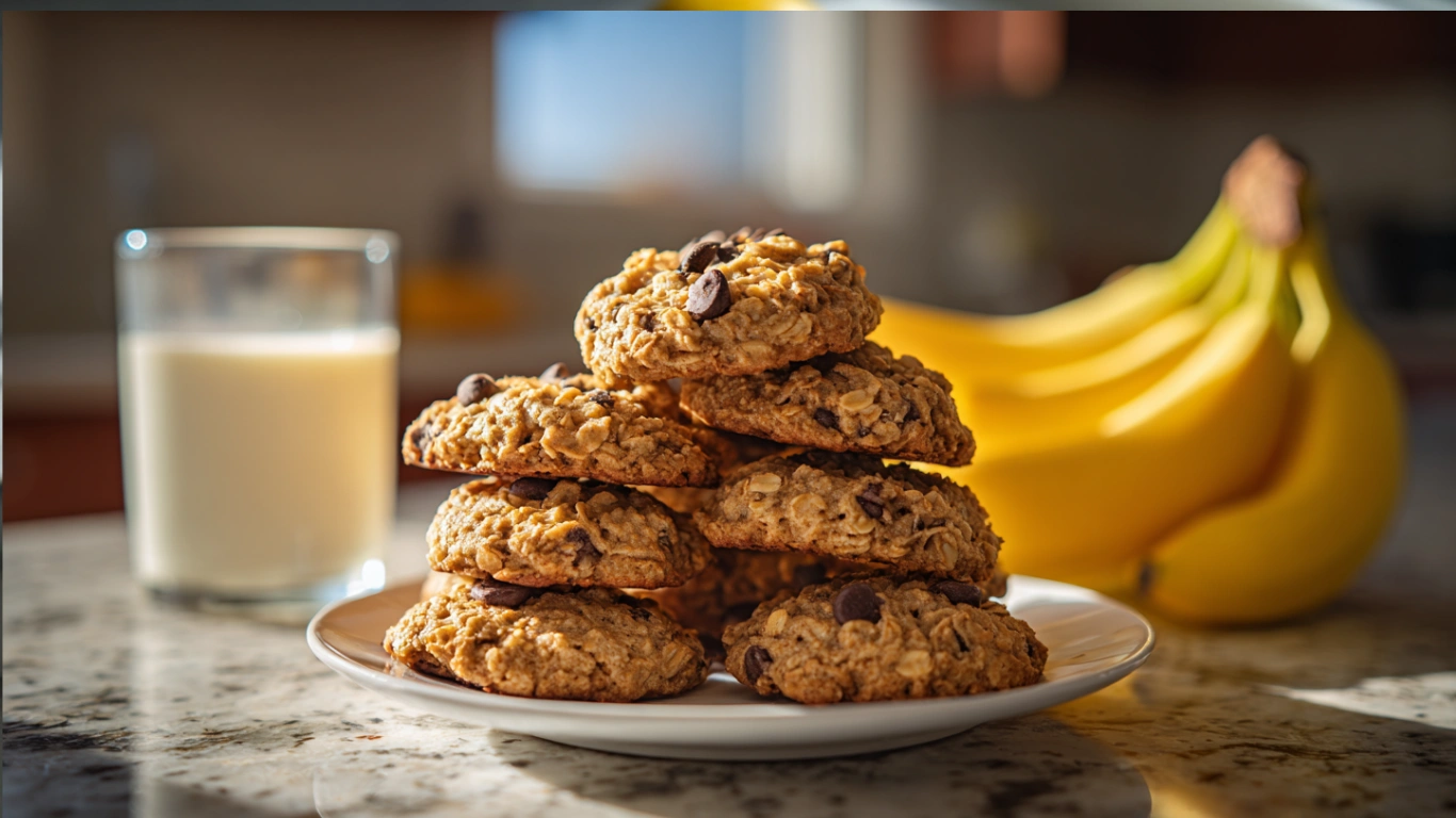 Ripe Banana Cookies – Simple, Sweet & Full of Comfort 1 Close-up of golden banana cookies stacked on a white plate over parchment paper, with visible oats and chocolate chips, surrounded by ripe bananas and a cup of coffee on a bright marble countertop in a modern kitchen.