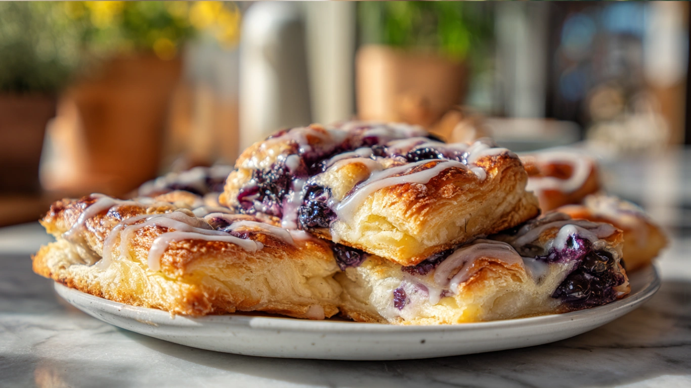 Blueberry Cream Cheese Danish Bars: Buttery Layers, Lush Filling & Pure Comfort 1 Close-up of blueberry cream cheese Danish bars on a white plate, showing golden flaky pastry layers, creamy cheese filling, and juicy blueberry swirls, set on a marble counter with a drizzle of glaze and fresh blueberries scattered around.