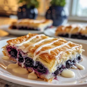 Overhead view of sliced blueberry cream cheese Danish bars on parchment paper, topped with lemon glaze and surrounded by fresh blueberries and a cup of coffee in natural sunlight.