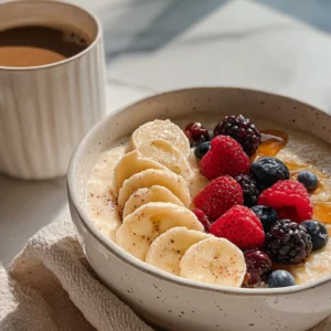Close-up of creamy breakfast pudding served in a white ceramic bowl, topped with sliced bananas, berries, and a drizzle of honey, on a bright marble countertop with soft morning sunlight and a cup of coffee in the background.