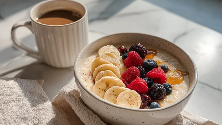 Close-up of creamy breakfast pudding served in a white ceramic bowl, topped with sliced bananas, berries, and a drizzle of honey, on a bright marble countertop with soft morning sunlight and a cup of coffee in the background.