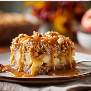 Top-down view of Caramel Apple Crumble Bars drizzled with caramel and sprinkled with cinnamon on a rustic wooden surface.
