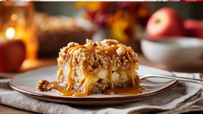 Top-down view of Caramel Apple Crumble Bars drizzled with caramel and sprinkled with cinnamon on a rustic wooden surface.